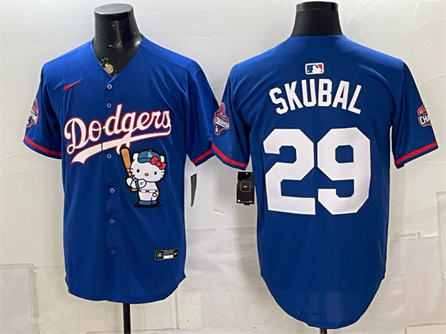 Men's Los Angeles Dodgers #29 Tarik Skubal Royal Hello Kitty Night 2025 World Series Champions Patch Stitched Baseball Jersey